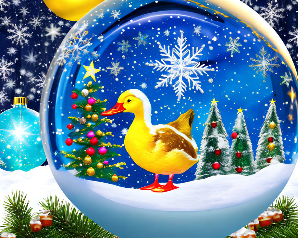 Festive snow globe scene with yellow duck and Christmas tree