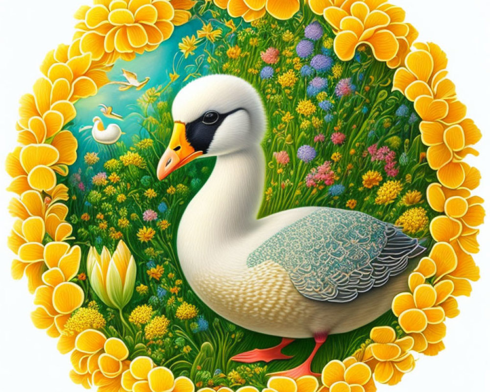 Detailed illustration of duck in floral frame with butterfly