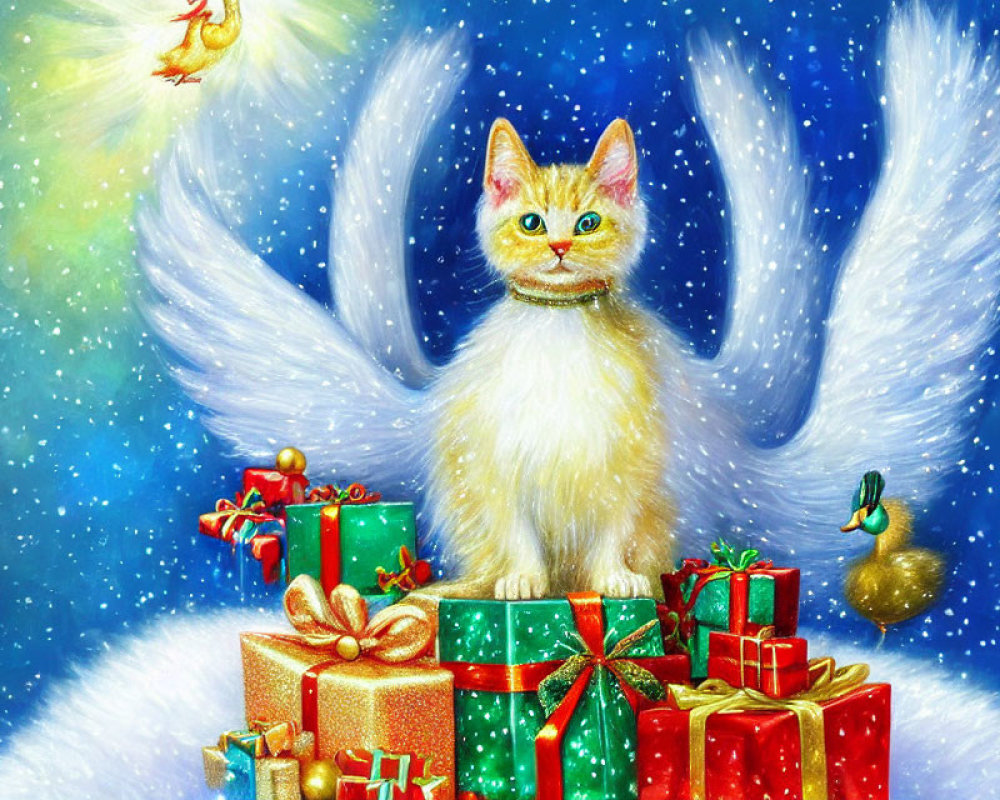 Whimsical angelic cat with white wings on Christmas presents in snowy scene