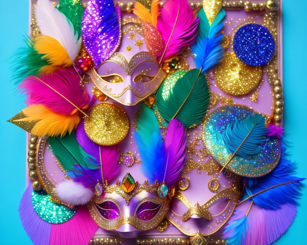 Colorful Feathers Carnival Mask on Blue Background