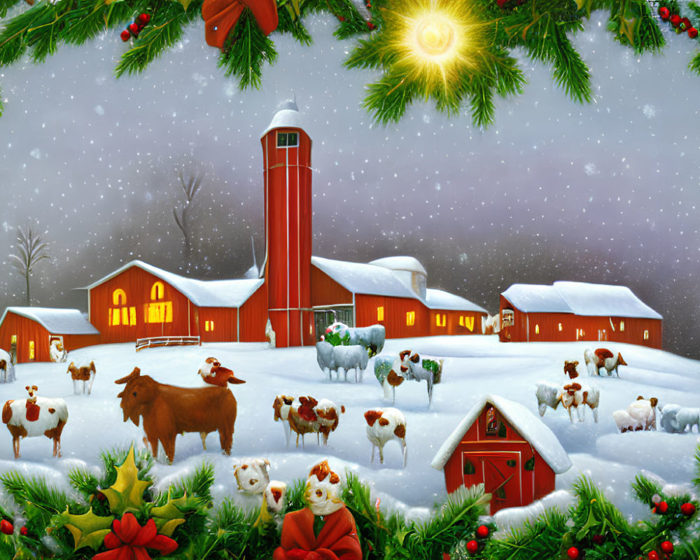 Winter farm scene with red buildings, animals, star, and festive decorations