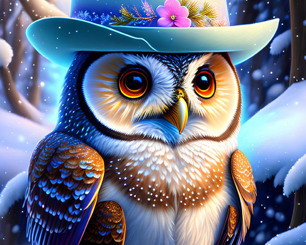 Colorful owl perched on snowy forest branch with blue hat