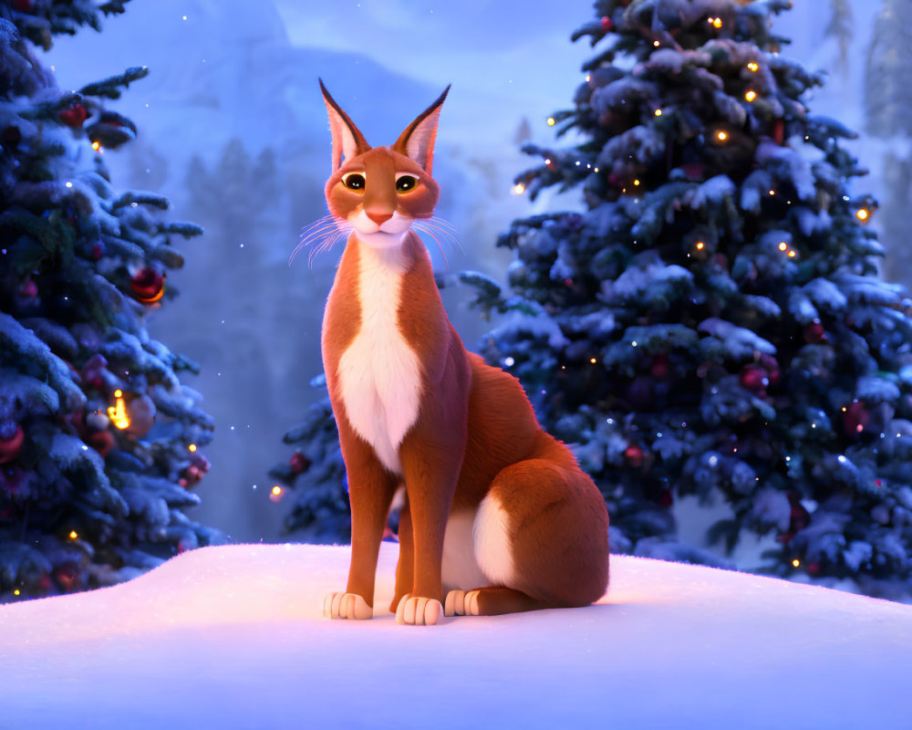 Stylized animated cat in snowy winter setting with pine trees