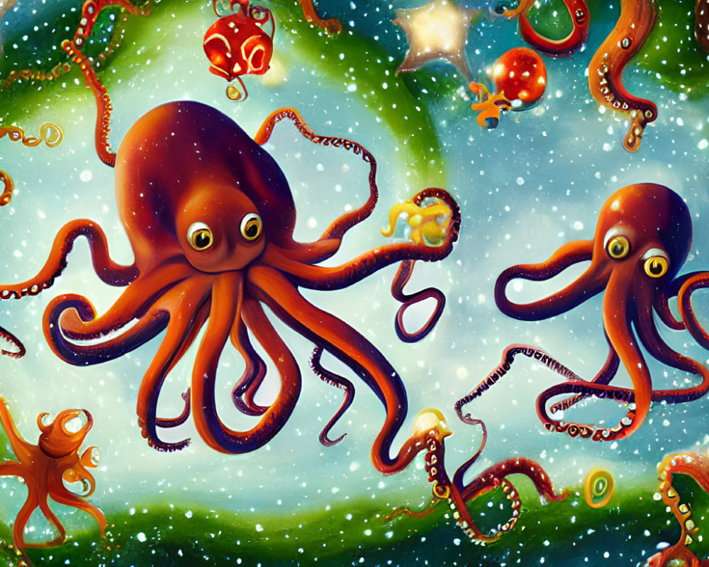 Colorful Octopuses in Space with Cosmic Background