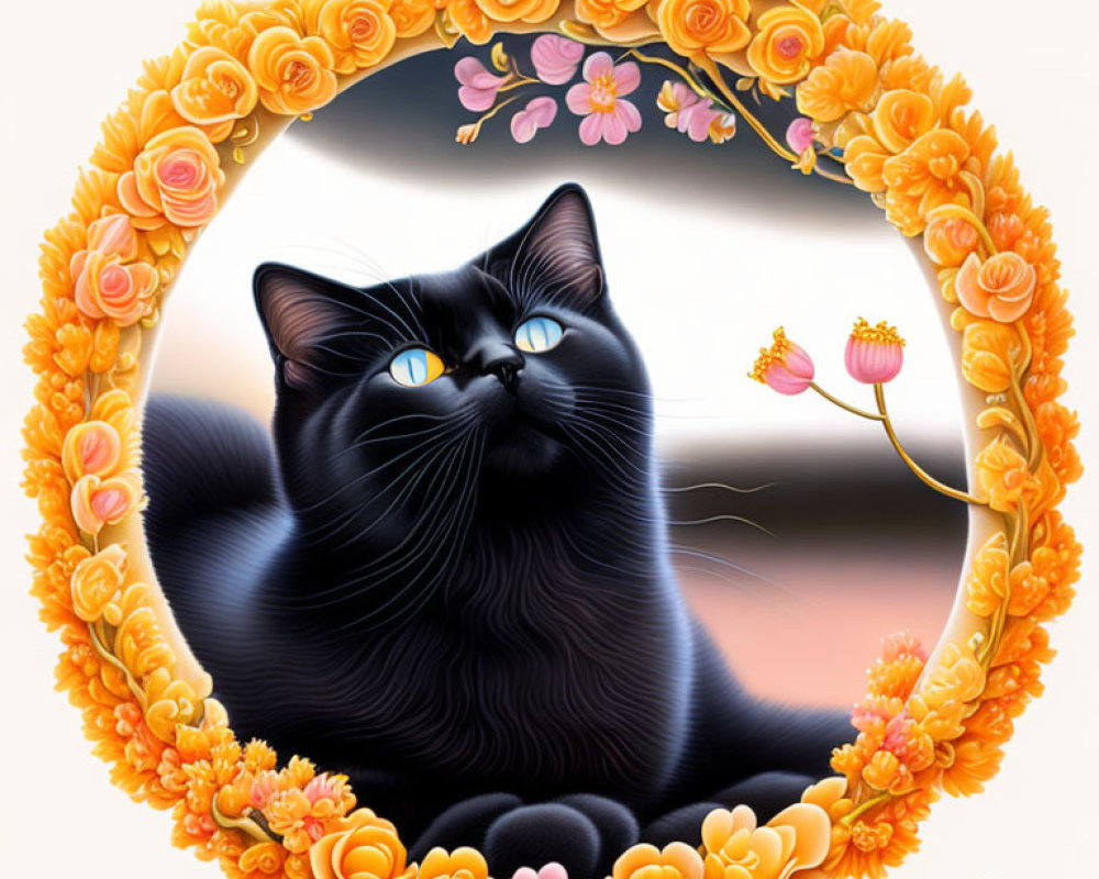 Black Cat with Yellow Eyes in Ornate Flower Frame