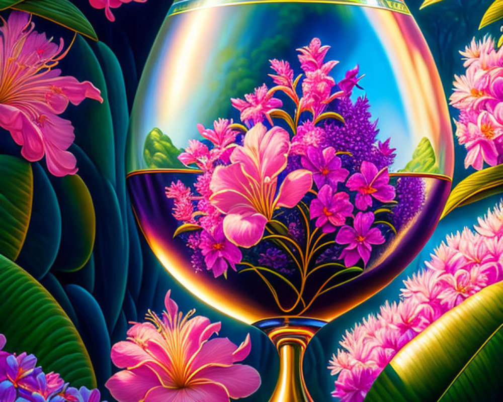 Colorful digital artwork of golden goblet with water and pink flowers in lush tropical setting