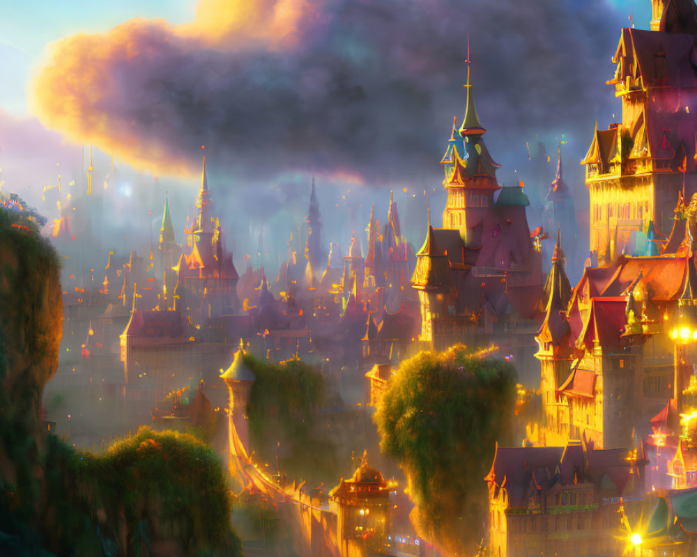 Fantasy city at twilight with glowing towers and figures on cliff