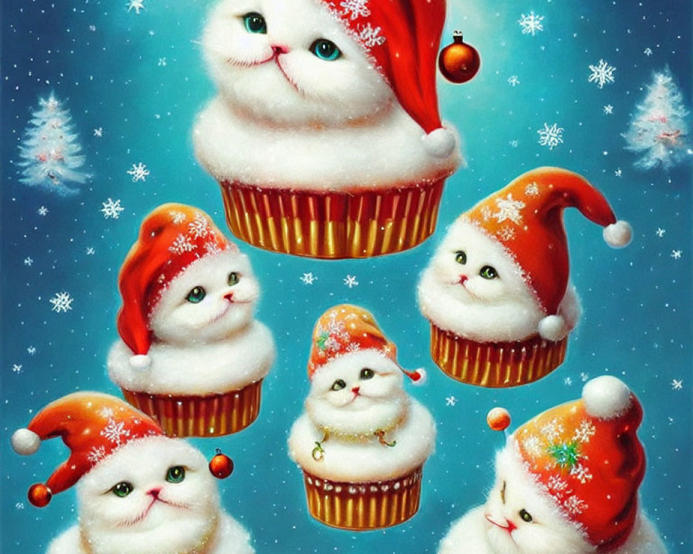 Five fluffy cats in Santa hats in snowy scene