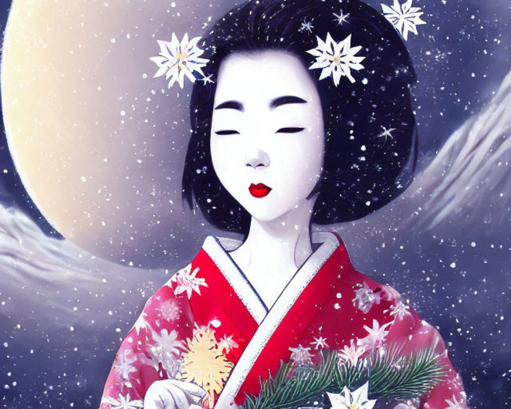 Woman in Red Kimono with Floral Patterns Holding Branch Under Two Moons