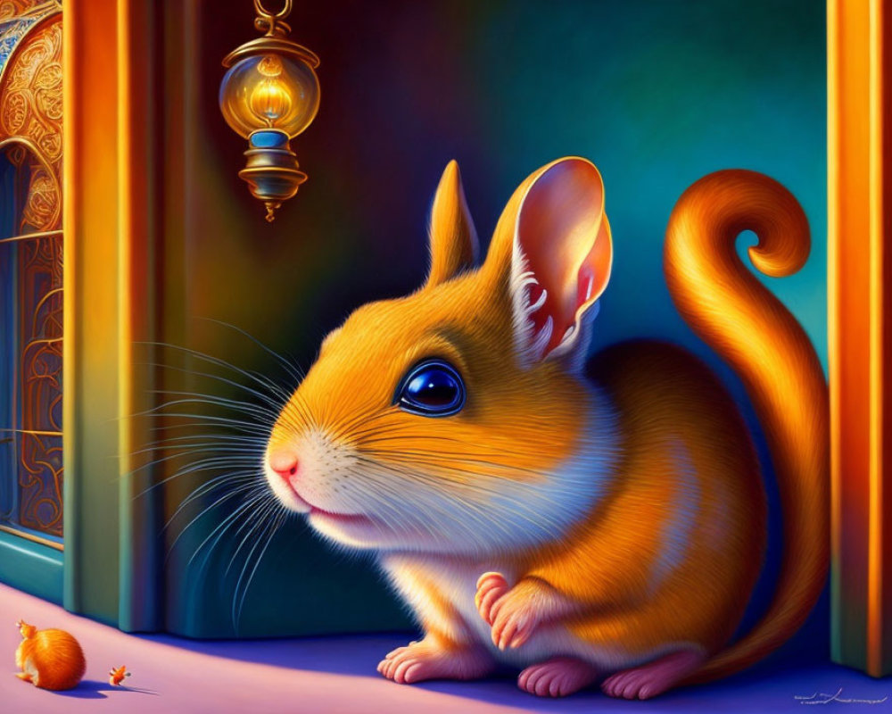 Anthropomorphic mouse with squirrel tail near door and lantern