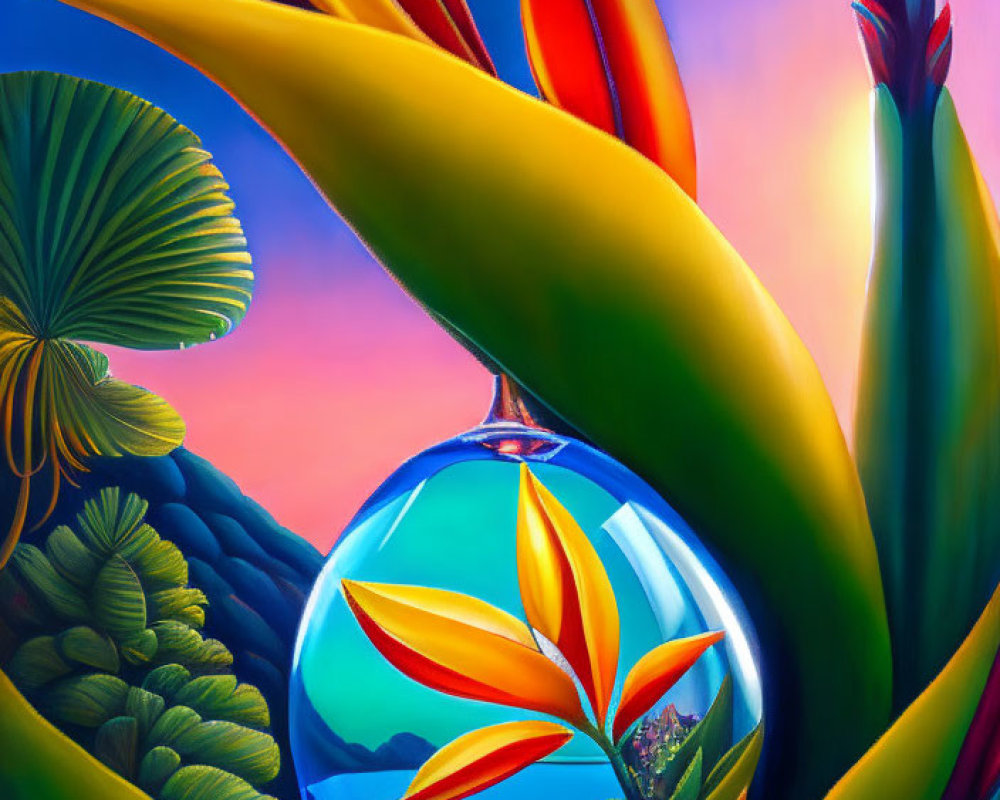 Colorful Surreal Painting of Exaggerated Tropical Flora and Glossy Sphere