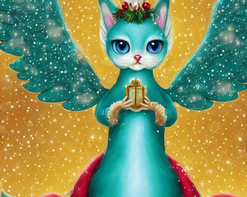 Blue-furred cat in red and green dress with wings, holding gift, white mouse on head,