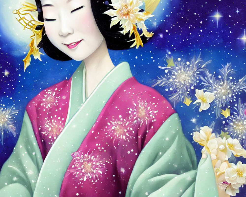 Illustrated woman in cherry blossom kimono under starry night sky