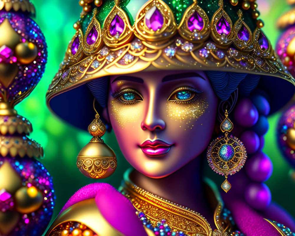 Colorful illustration of a woman in traditional attire with gold jewelry on ornate background