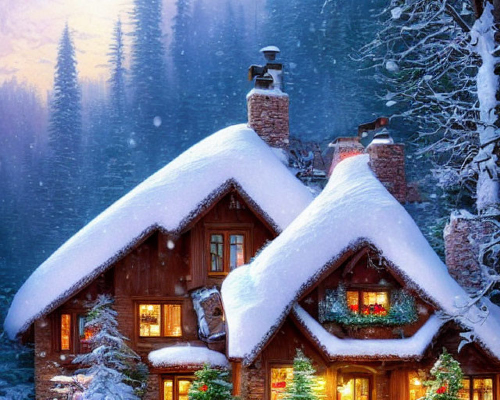 Snow-covered cottage with Christmas decorations in serene forest dusk