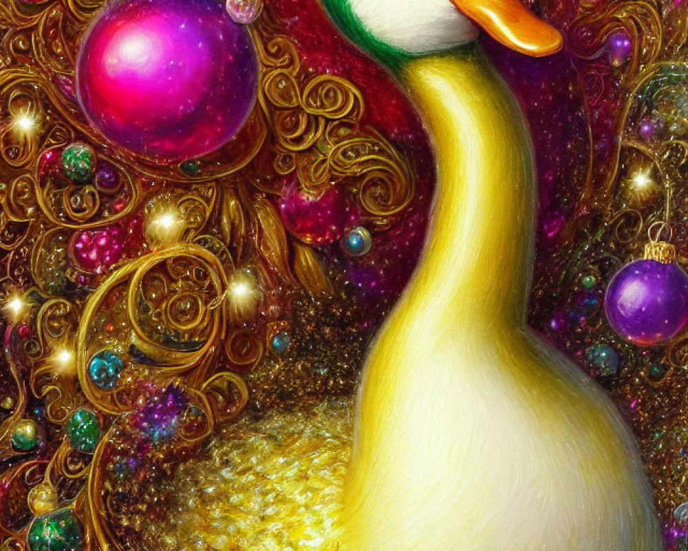 Vibrant Duck Illustration with Golden Swirls and Christmas Baubles