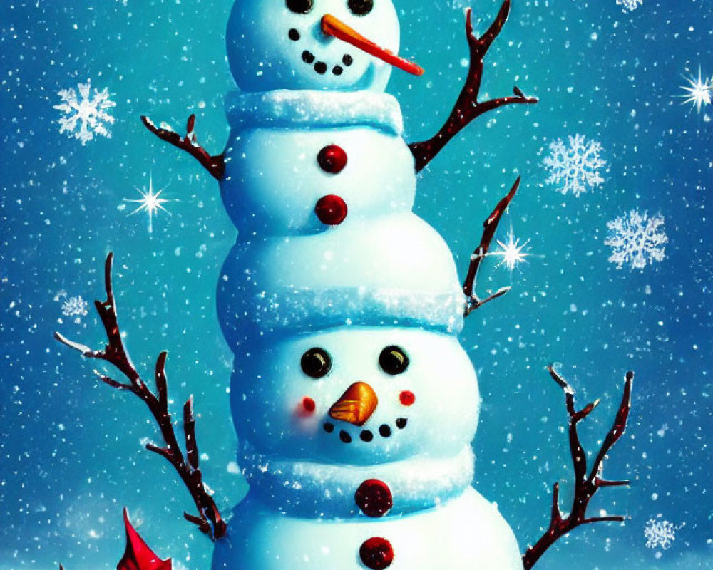 Cheerful snowman with carrot nose and poinsettia flowers in falling snow