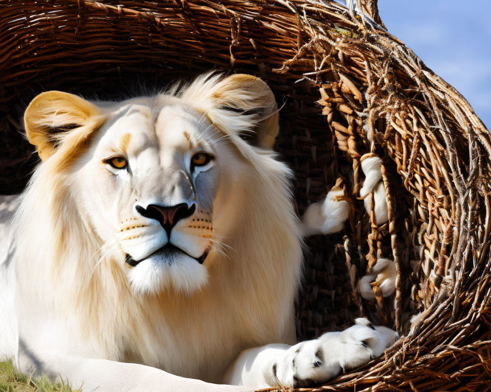 White lion relaxing in woven basket under clear blue sky