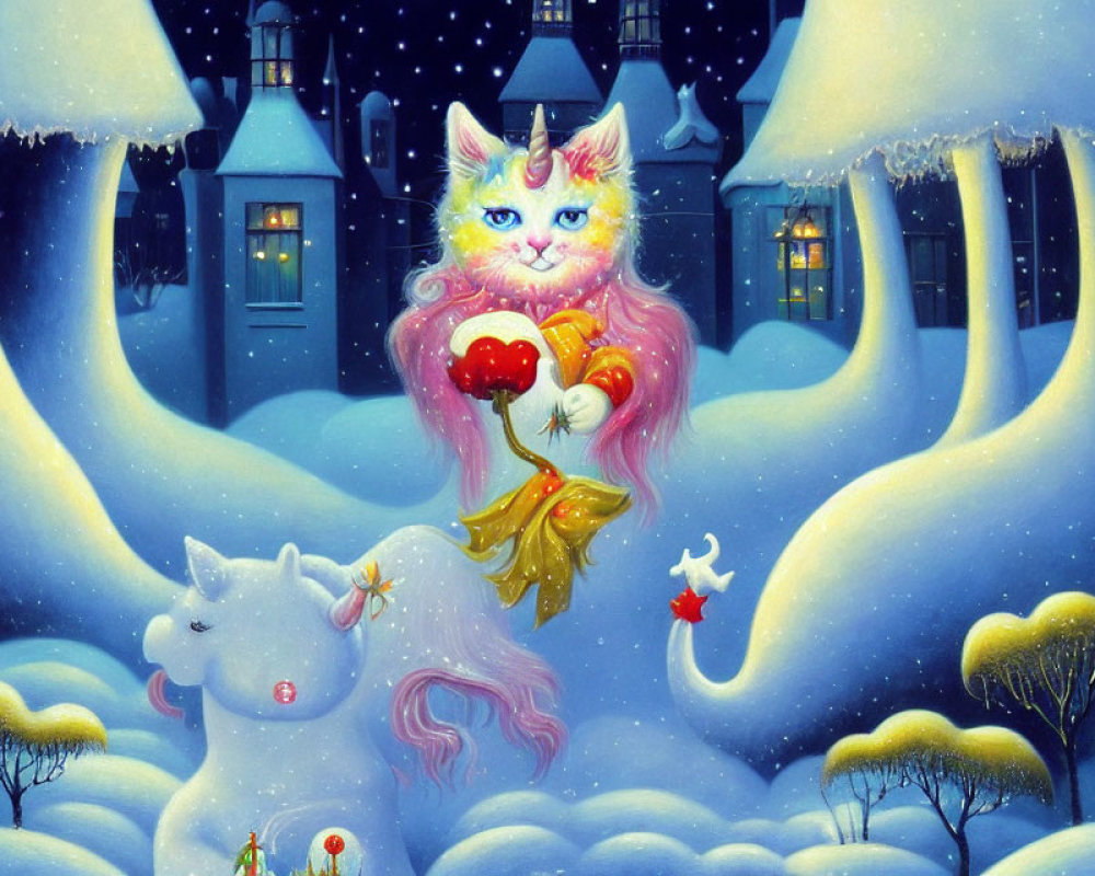 Whimsical painting of cat with butterfly wings and unicorn in snowy landscape