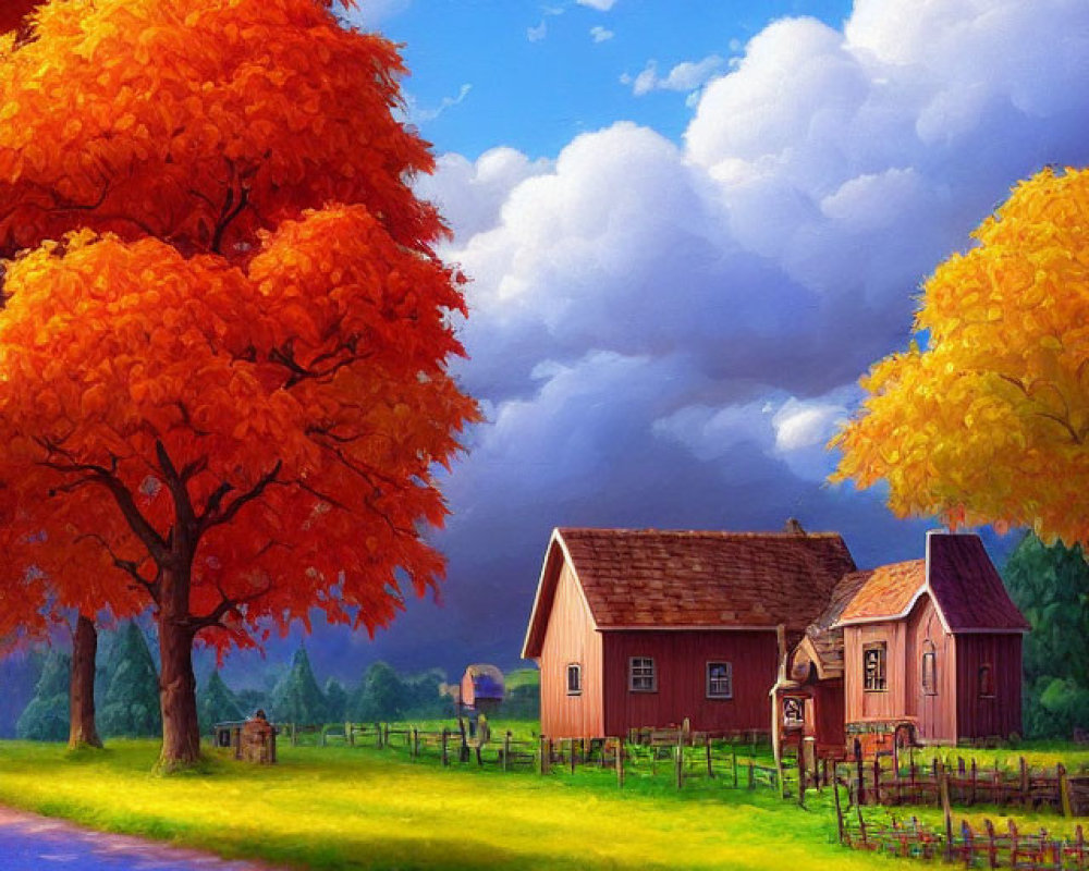 Colorful Autumn Landscape with Orange Foliage, Red Barn, and Blue Sky