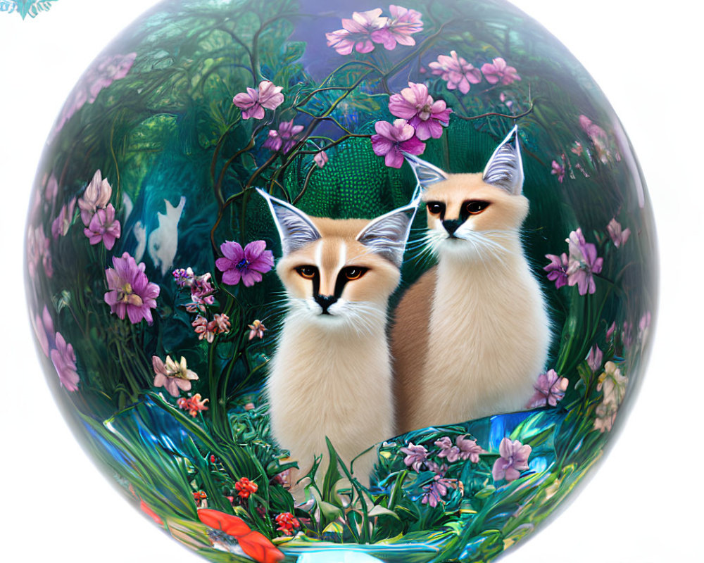 Nature-inspired digital artwork: Two fox-like creatures in a floral bubble