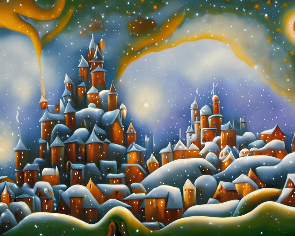 Snow-covered village under starry night sky with vibrant moon.