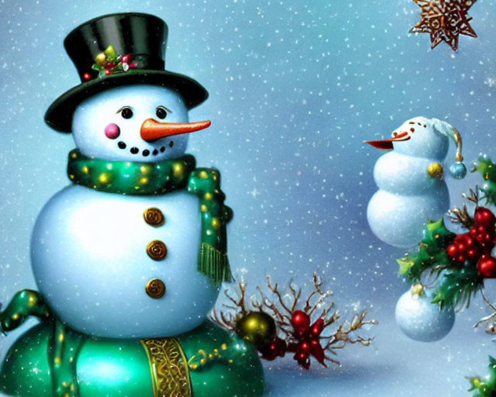 Two snowmen under decorated evergreen in snowy night scene