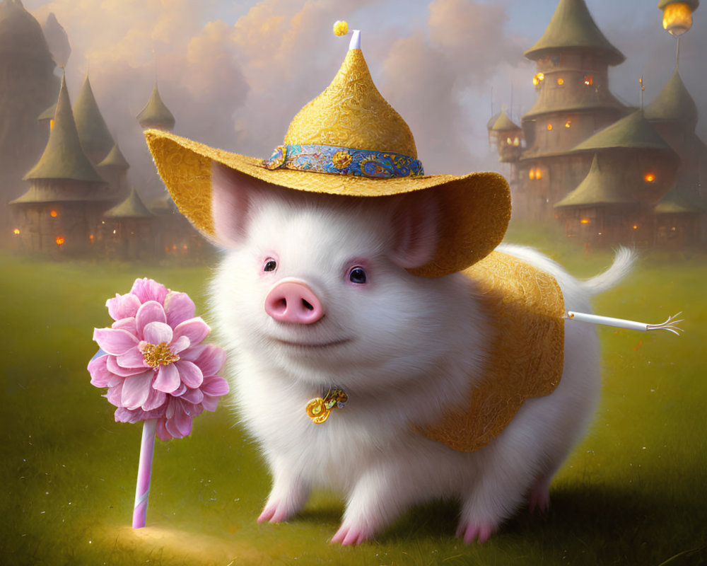 Whimsical piglet with golden hat and cloak holding a pink flower in misty fantasy setting