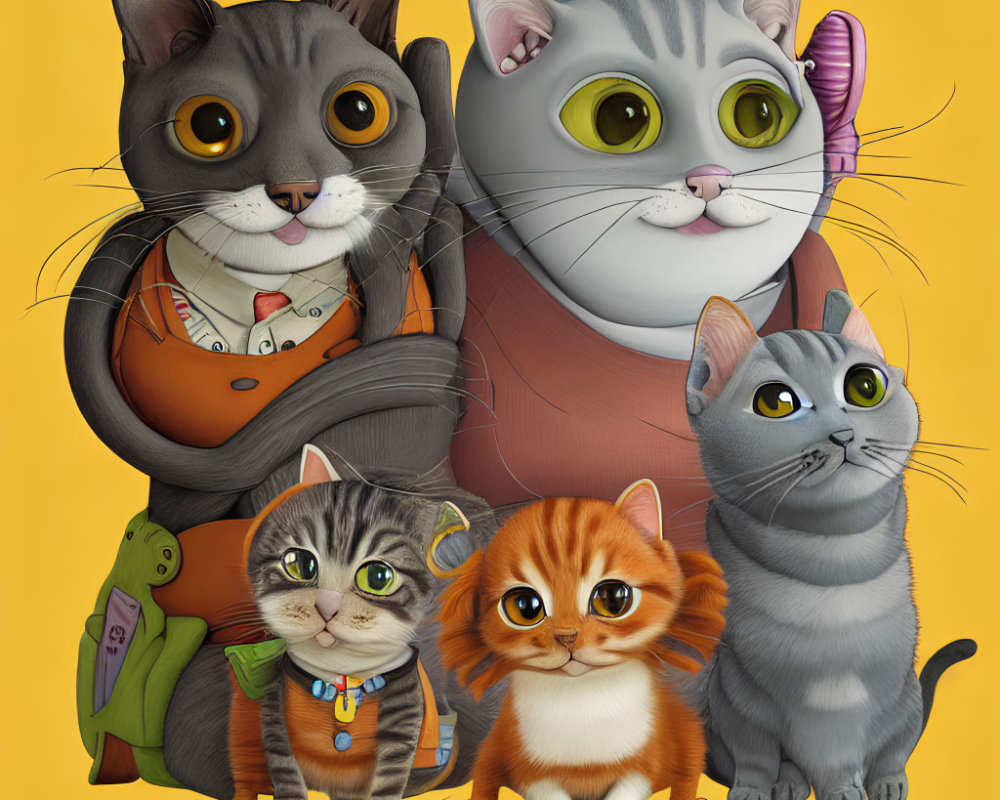 Anthropomorphic Cats Illustration: Four Cats in Clothes with Human-Like Expressions on Yellow Background