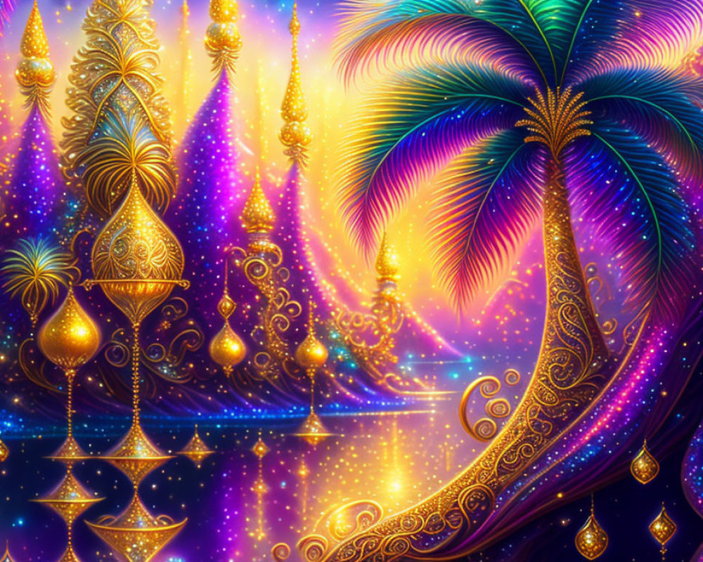 Vibrant fantasy scene with golden trees and glowing palm under starry sky