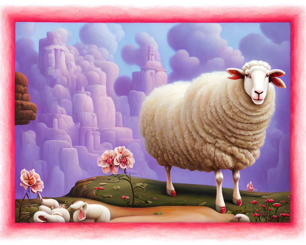 Illustration: Oversized sheep in serene landscape with lambs