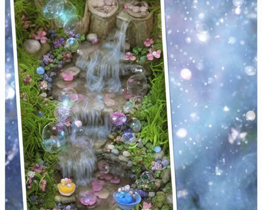 Miniature fairy-tale garden with waterfall, flowers, pebbles, and bubbles in soft bo