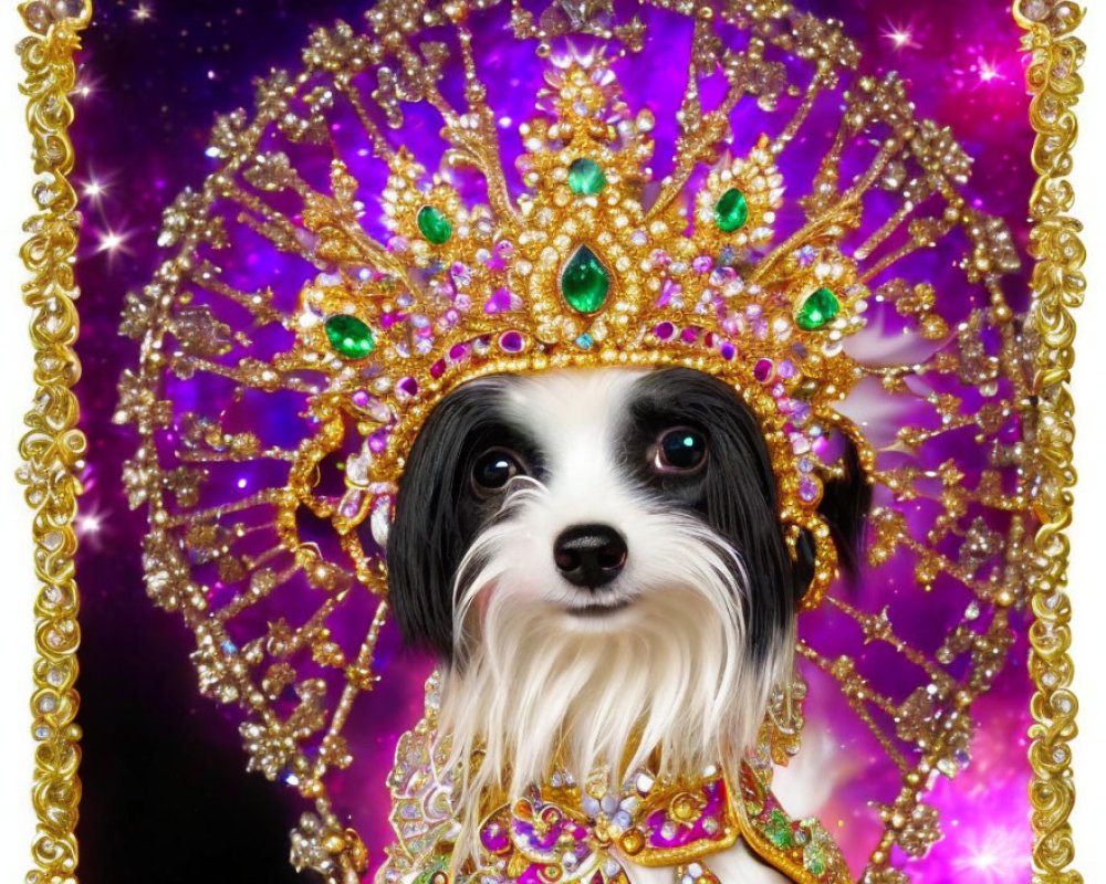 Black and white dog with golden headdress on purple background