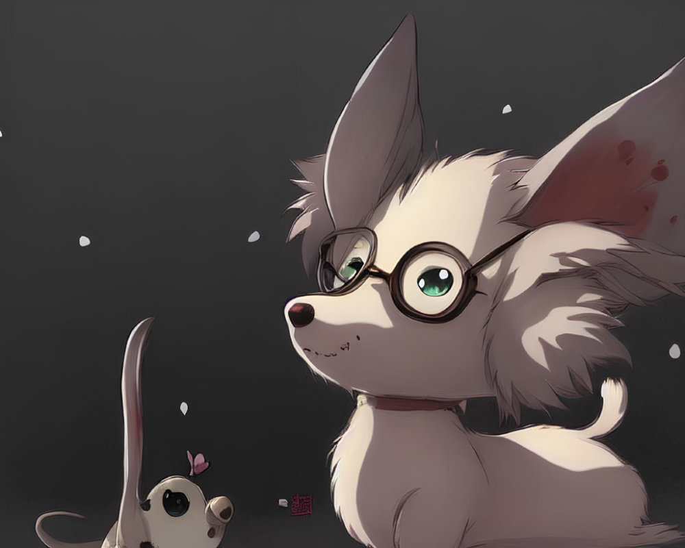 Illustrated puppy and mouse with glasses on dark background