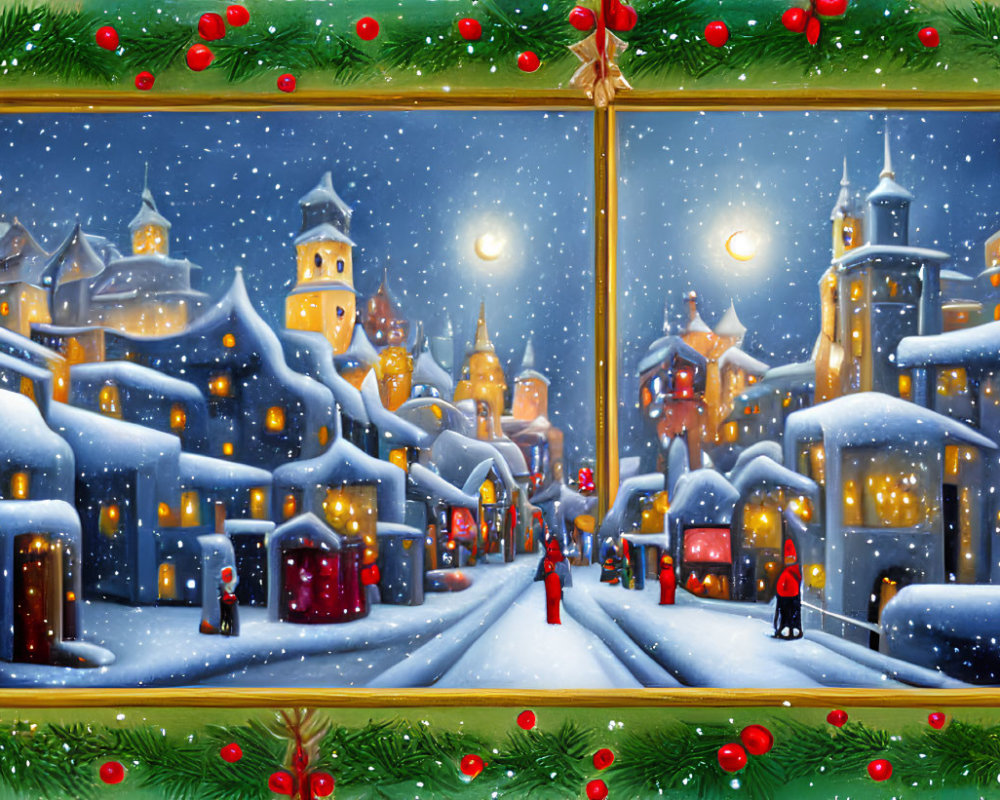 Snow-covered buildings and festive decorations in a Christmas scene.