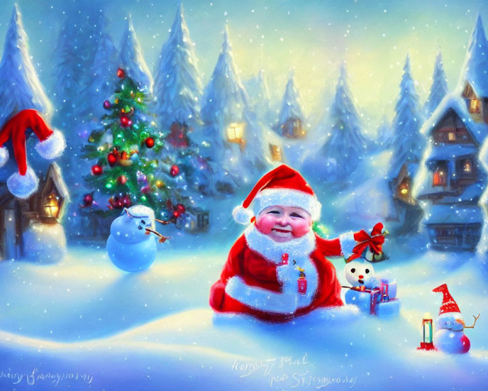 Baby Santa Claus with Snowy Christmas Scene and Snowman