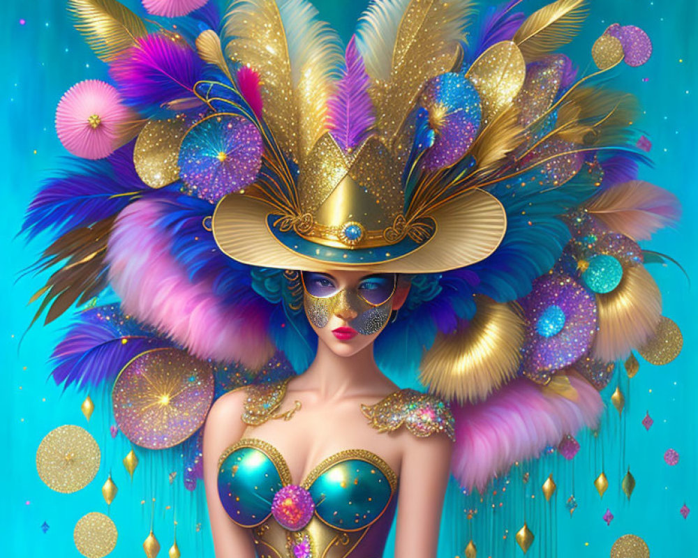 Colorful Carnival Costume with Feathered Headdress and Mask on Woman