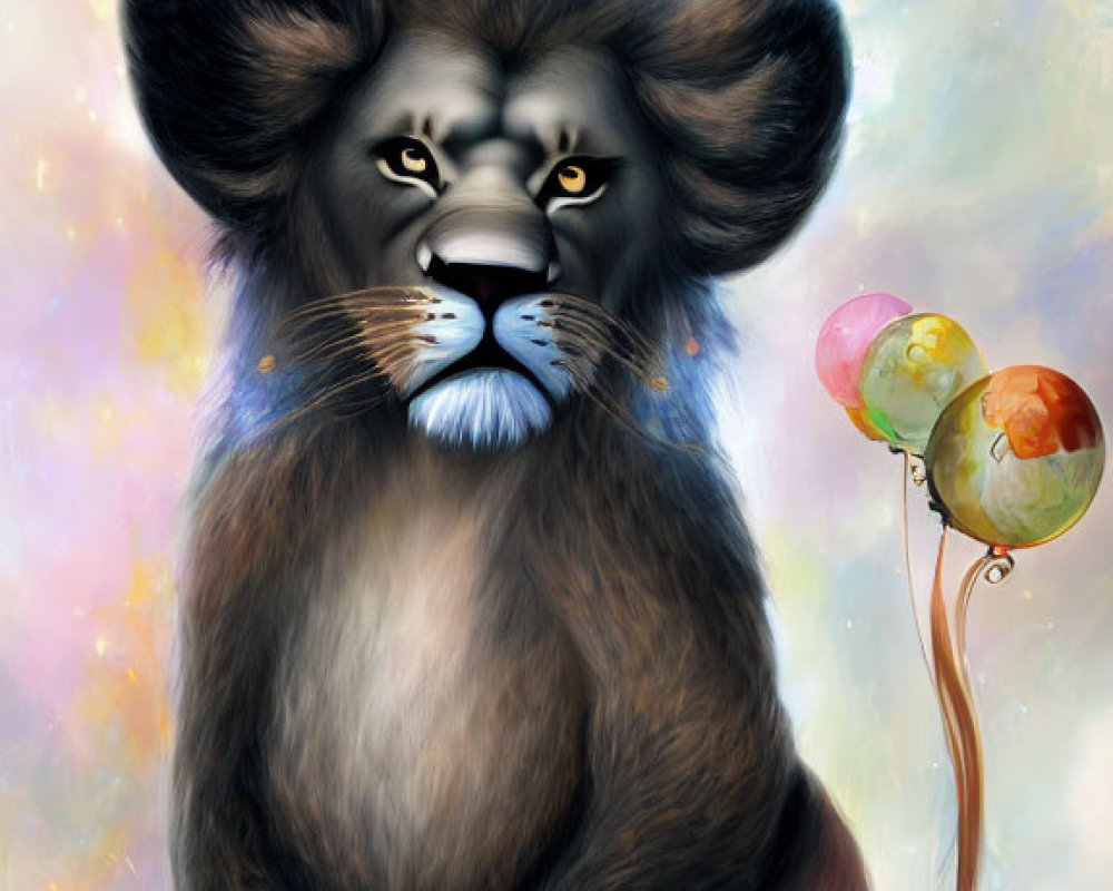 Whimsical anthropomorphic lion with colorful balloons in pastel sky