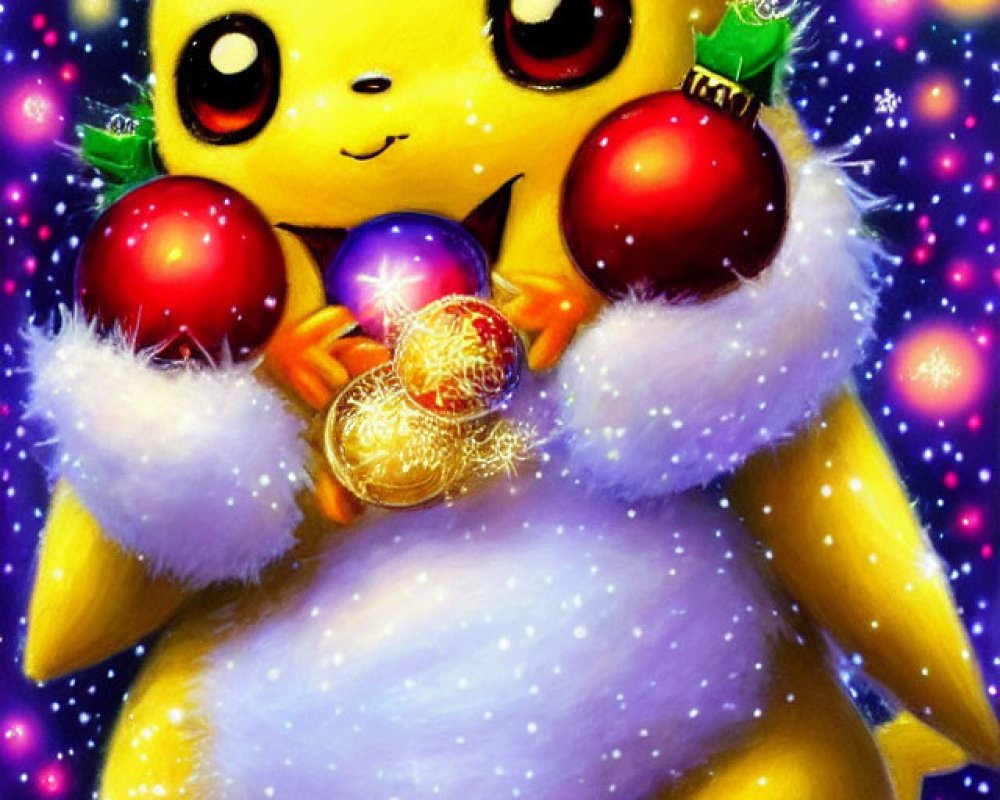 Festive Pikachu with Christmas ornaments in snowy scene