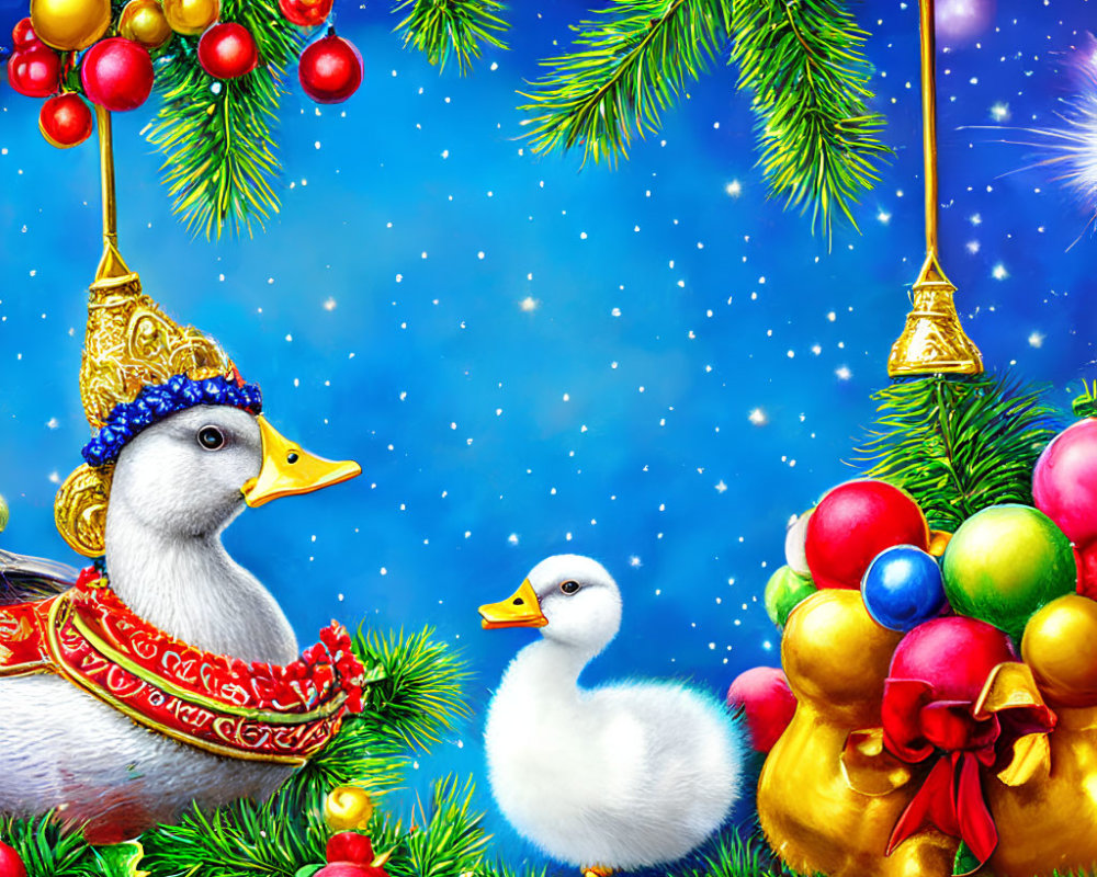 Quirky Christmas duck and duckling with festive decorations