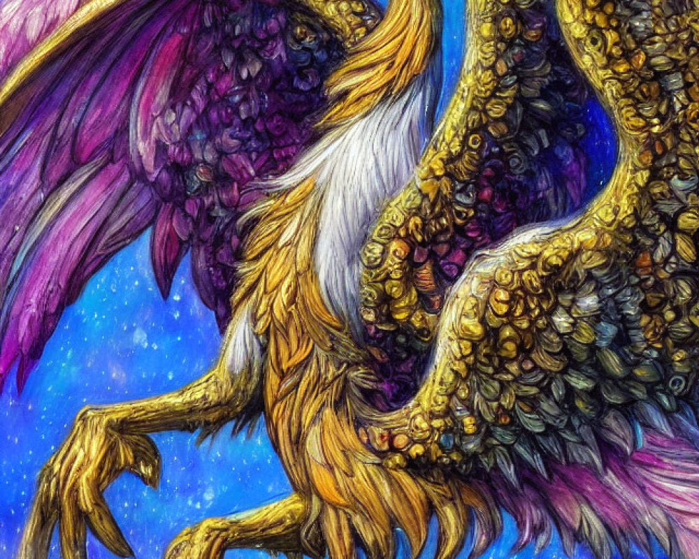 Majestic mythical creature with golden scales and purple wings