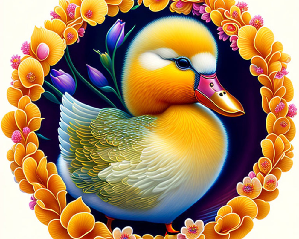 Colorful Duck Illustration Surrounded by Flowers on Purple Background