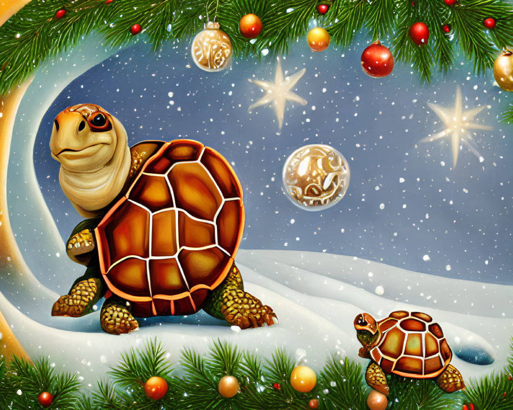 Cartoon turtles in snowy Christmas scene with festive decorations