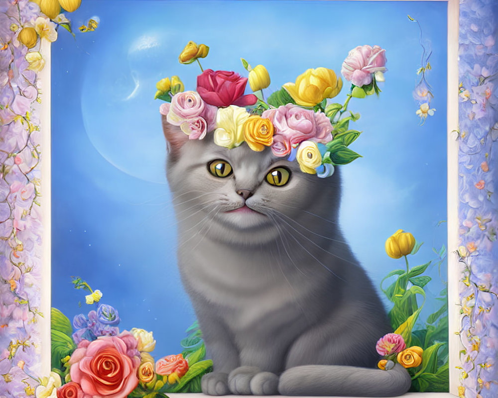 Grey Cat with Floral Crown Surrounded by Blooming Flowers and Crescent Moon