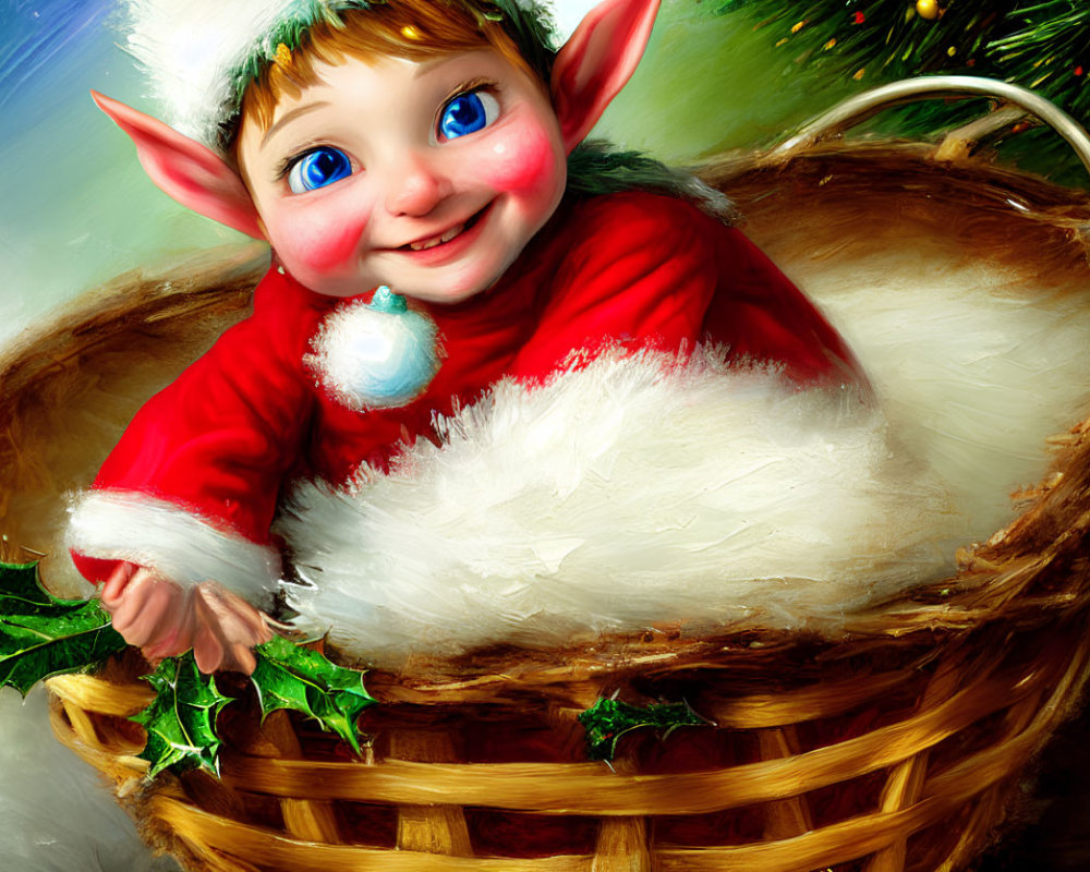 Cheerful Christmas elf in red and white outfit peeking from holly-adorned basket