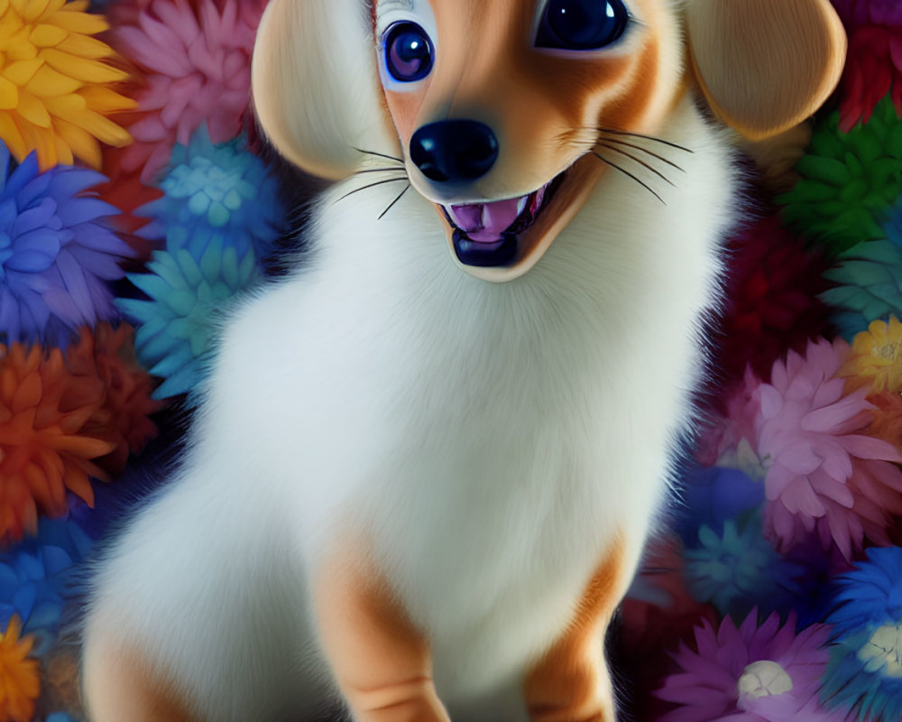 Smiling dachshund puppy among colorful flowers