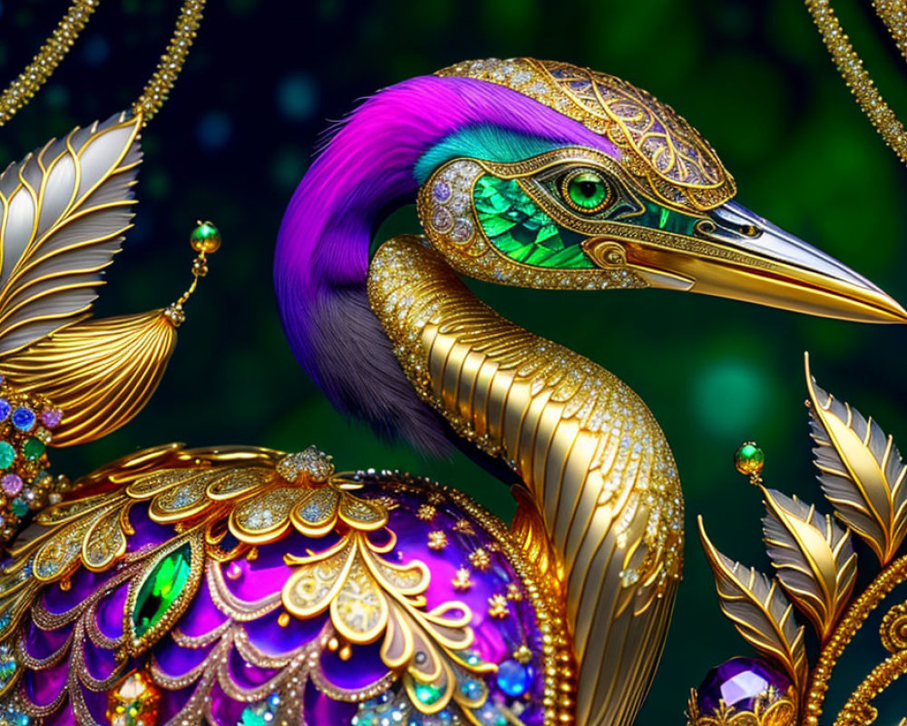 Colorful digital artwork: Peacock with golden, purple, and emerald details on dark background