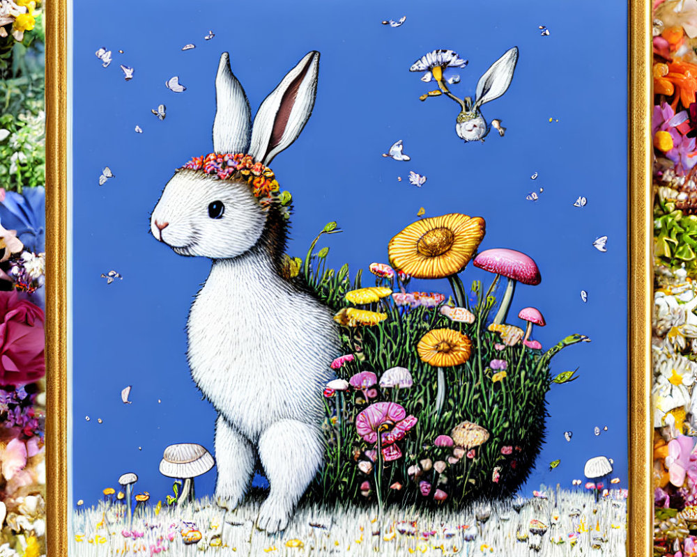 Colorful White Rabbit Artwork with Flowers and Mushrooms in Golden Frame