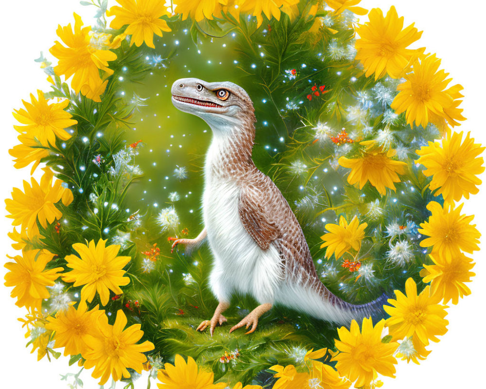 Colorful Velociraptor Surrounded by Yellow Flowers and Dandelion Seeds