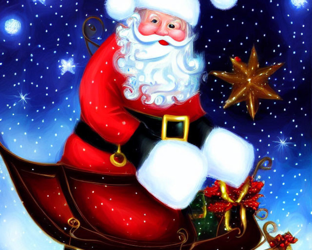 Santa Claus in sleigh on starry night with gifts and waving smile